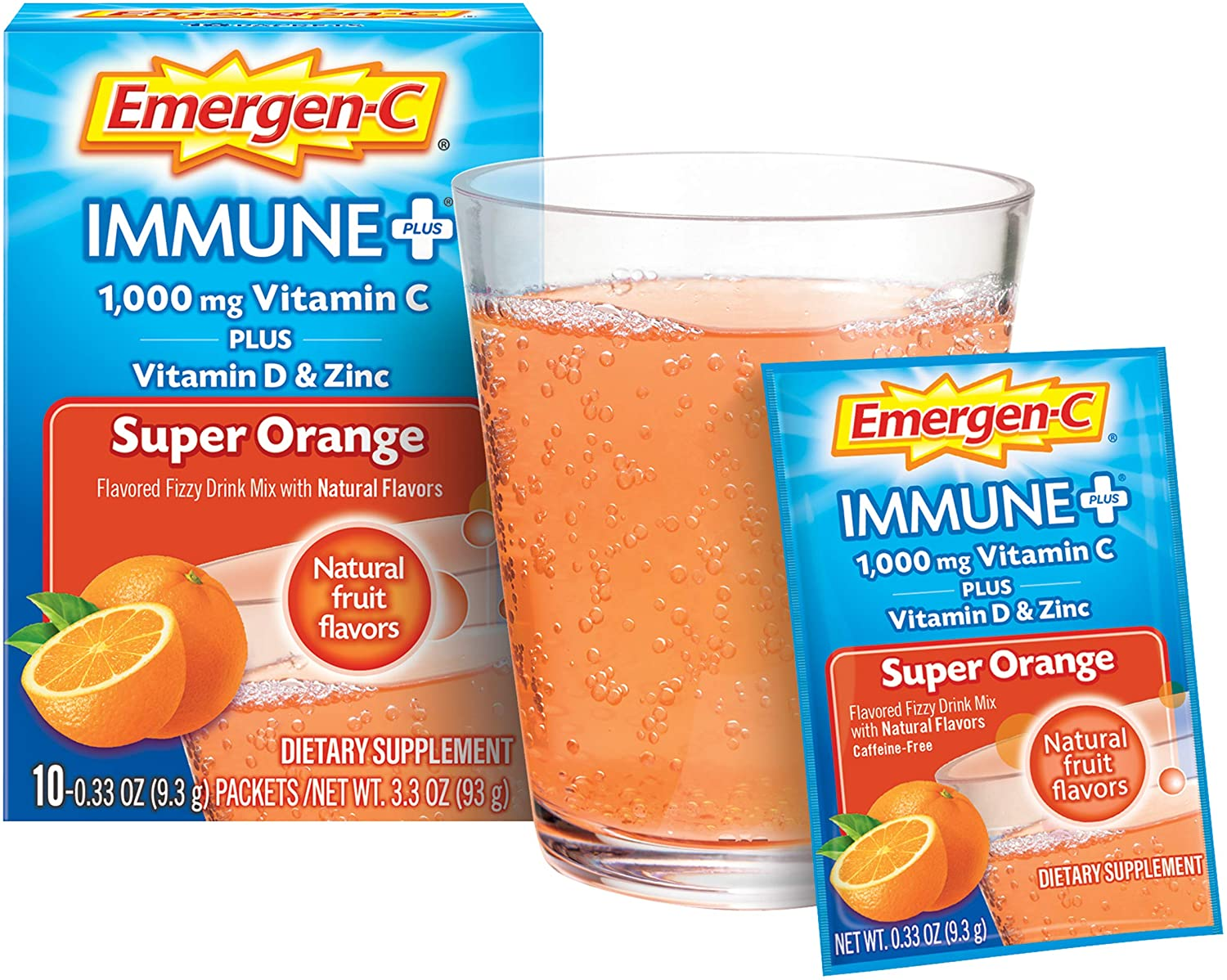 Immune+ 1000Mg Vitamin C Powder, with Vitamin D, Zinc, Antioxidants and Electrolytes for Immunity, Immune Support Dietary Supplement, Super Orange Flavor, 0.33 Ounce (Pack of 10)