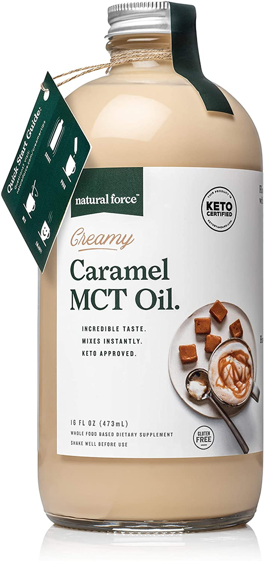 Creamy Caramel MCT Oil – Non Dairy, Keto Certified, Emulsified Mcts for Low-Carb, Ketogenic Coffee, Smoothies, & Shakes - Mixes Instantly + No Blending Required – 16 Oz Glass Bottle