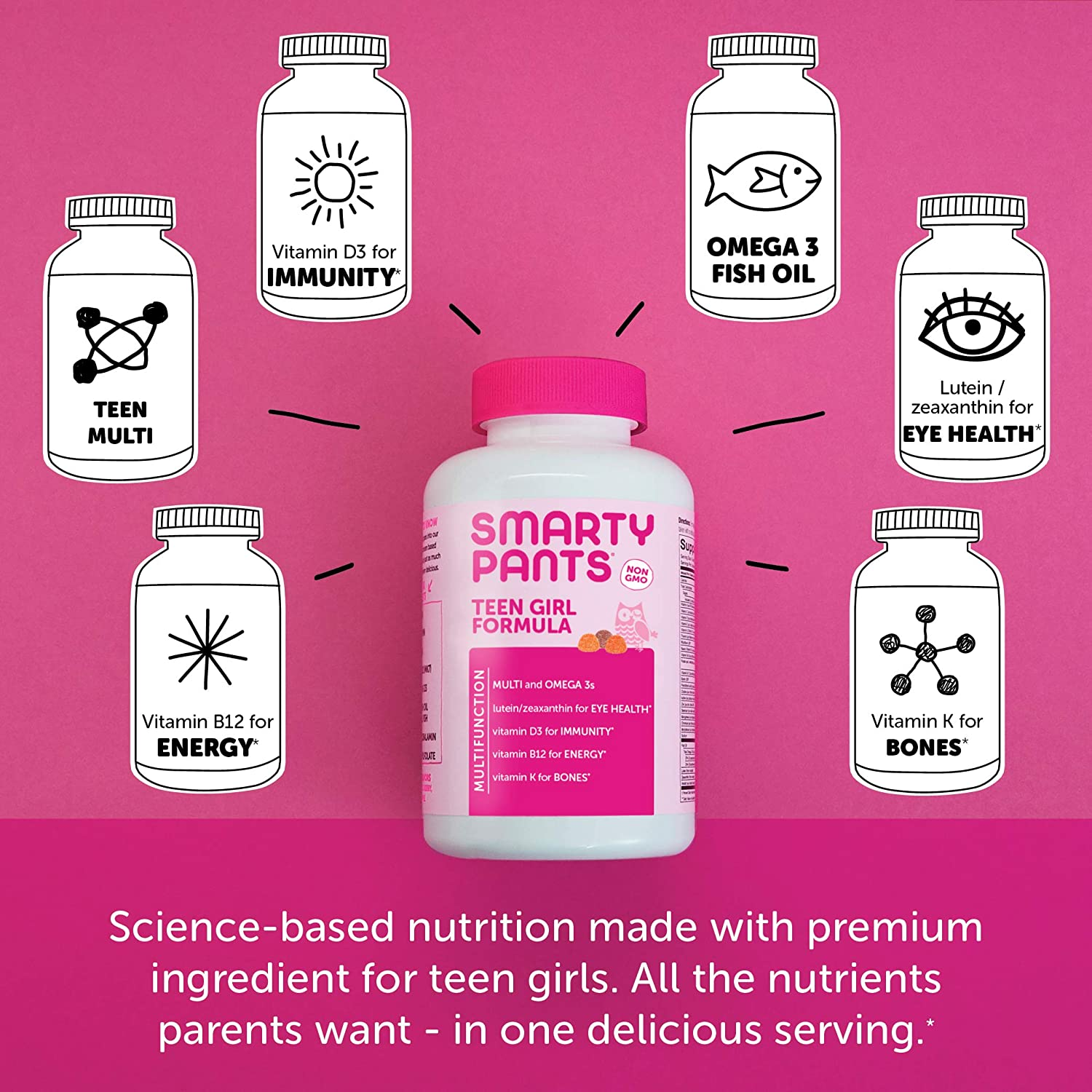 Smartypants Teen Girl Formula, Daily Multivitamin Gummies: Vitamins C, B12, K, Zinc, & Biotin for Immune Support, Energy, Skin & Hair Support, Assorted Fruit Flavor, 120 Gummies (30 Day Supply)