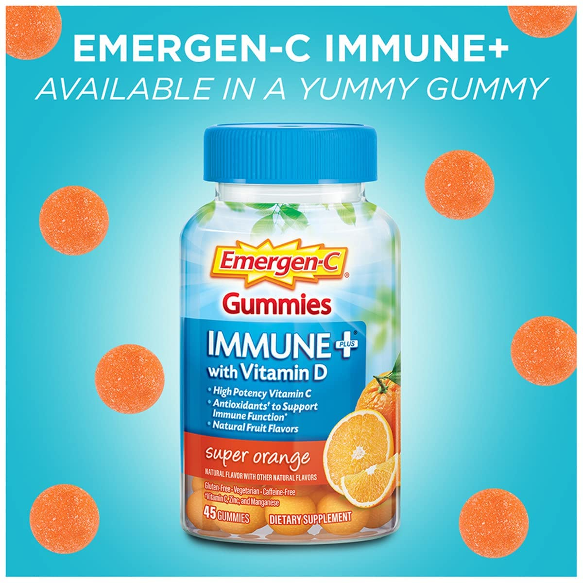 Immune+ Immune Gummies, Vitamin D plus 750 Mg Vitamin C, Immune Support Dietary Supplement, Caffeine Free, Gluten Free, Super Orange Flavor - 45 Count