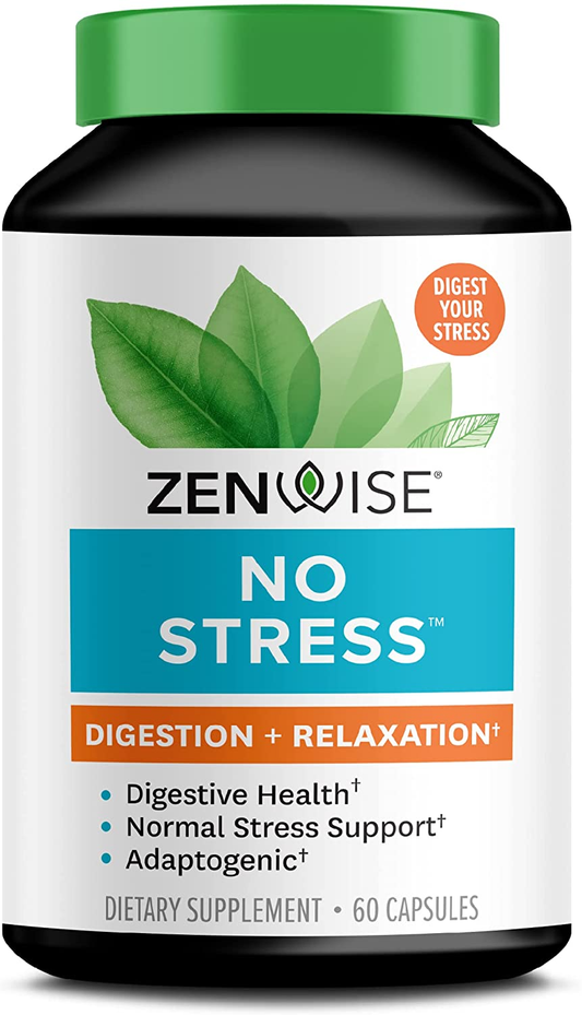 Zenwise No Stress Probiotics Digestion and Stress Relief - Ashwagandha, Magnesium, Probiotics, and Vitamin D for Brain Focus, Constipation, Bloating, and Mood Relaxation plus Immune Support - 60 CT