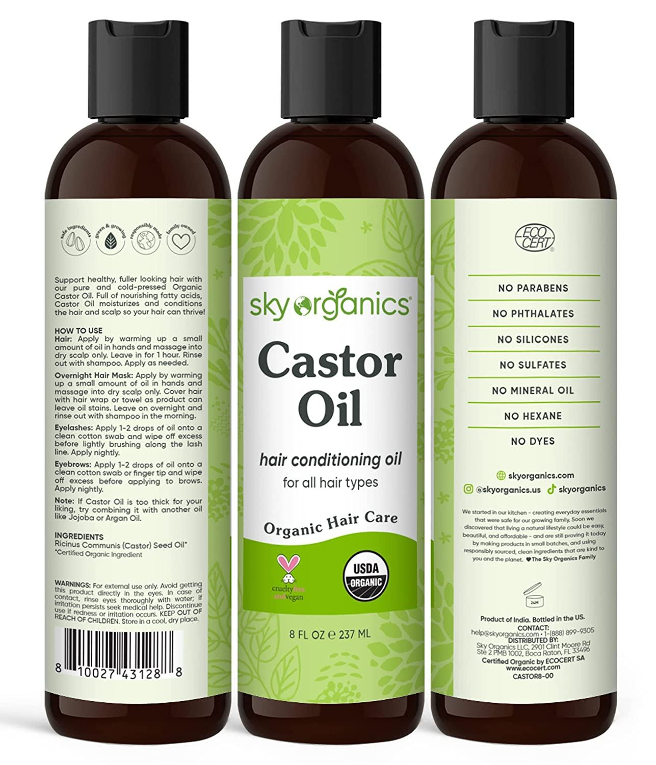 Organic Castor Oil for Hair, Lashes & Brows, 100% Pure & Cold-Pressed USDA Certified Organic to Strengthen, Moisturize & Condition, 8 Fl. Oz