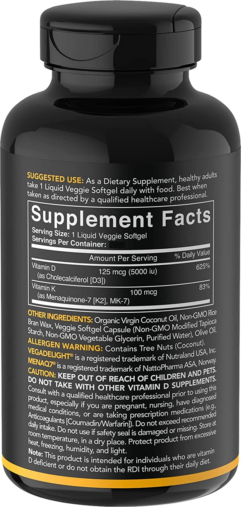 Vegan Vitamin D3 + K2 Supplement with Organic Coconut Oil - 5000Iu Vitamin D with 100Mcg Mk7 Vitamin K - Supports Calcium for Stronger Bones & Immune Health - 30 Softgels for Adults