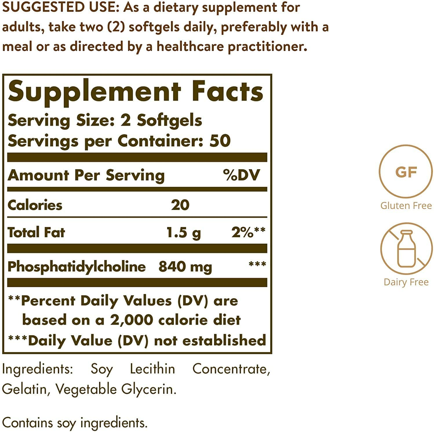 Phosphatidylcholine, 100 Softgels - Promote Healthy Cognitive Function - Derived from Lecithin - Contains Choline for Neurotransmitter Acetylcholine - Gluten Free, Dairy Free - 50 Servings