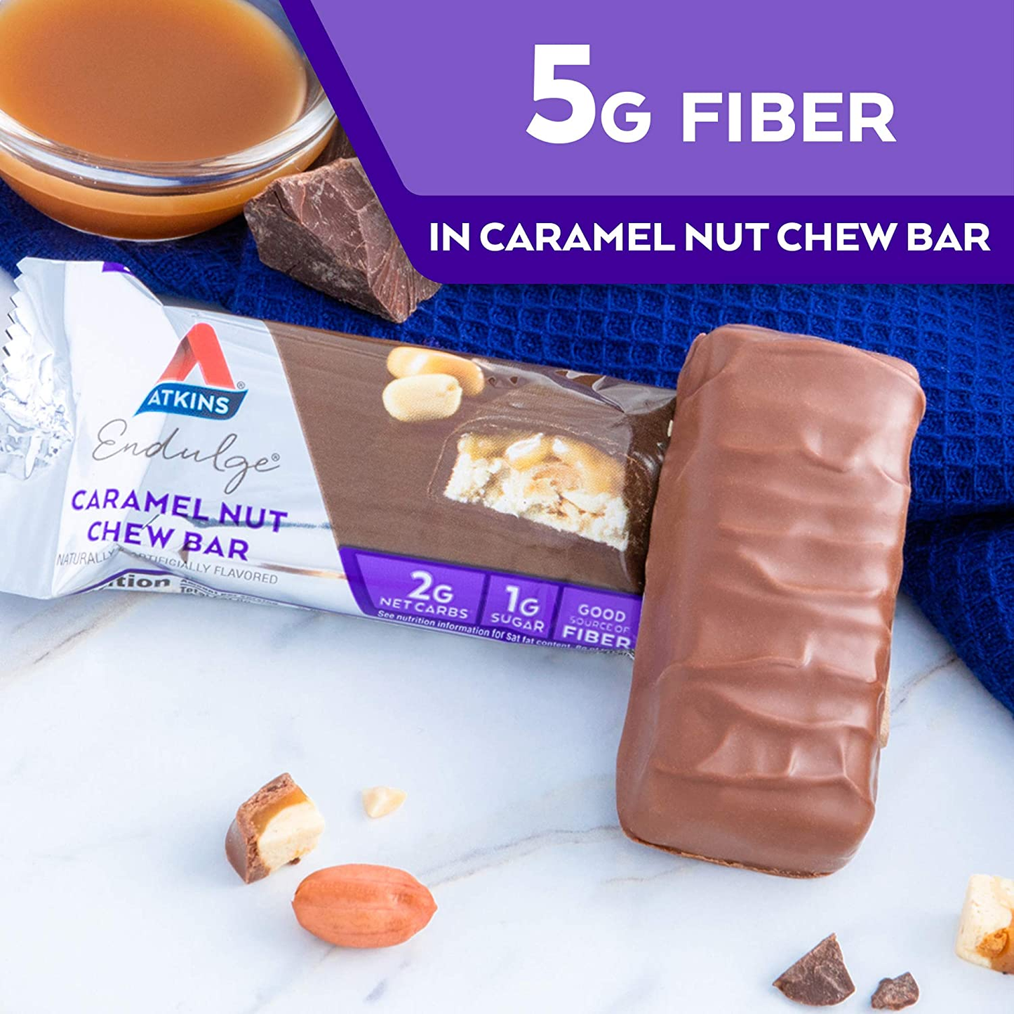 Endulge Treat Caramel Nut Chew Bar. Rich & Decadent Treat. Keto-Friendly. (5 Bars)