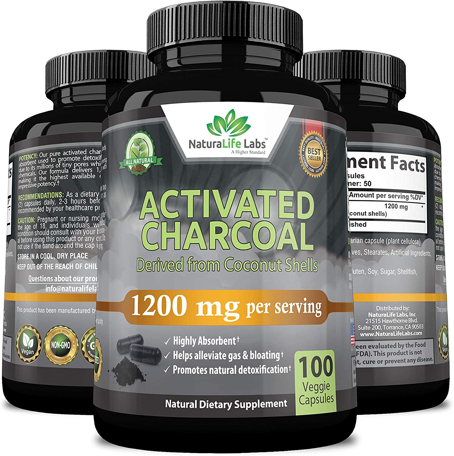 Activated Charcoal Capsules - 1,200 Mg Highly Absorbent Helps Alleviate Gas & Bloating Promotes Natural Detoxification Derived from Coconut Shells - per Serving - 100 Vegan Capsules