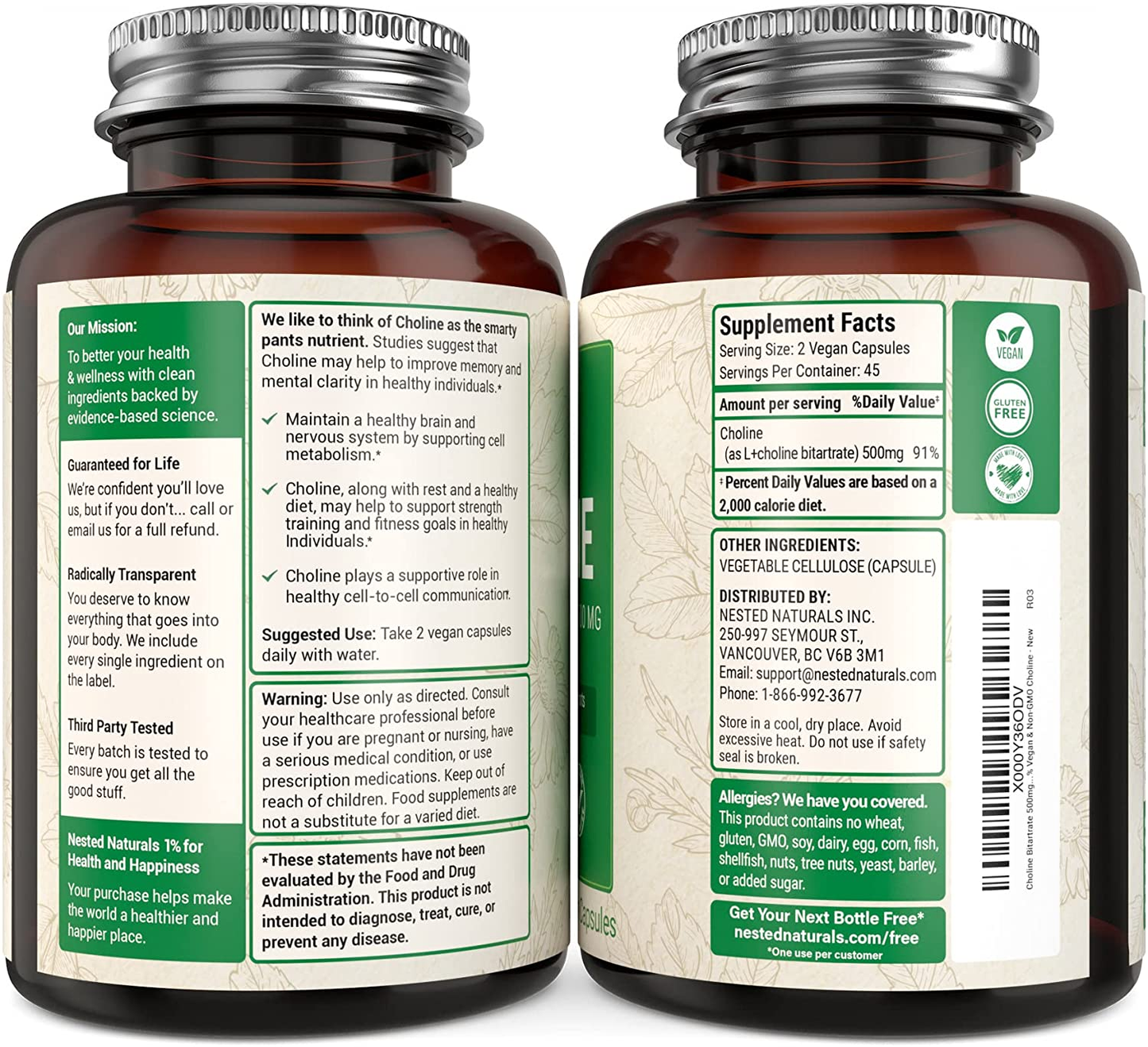 Choline Bitartrate 500Mg | Supports Cognitive Function | 100% Vegan & Non-Gmo Choline