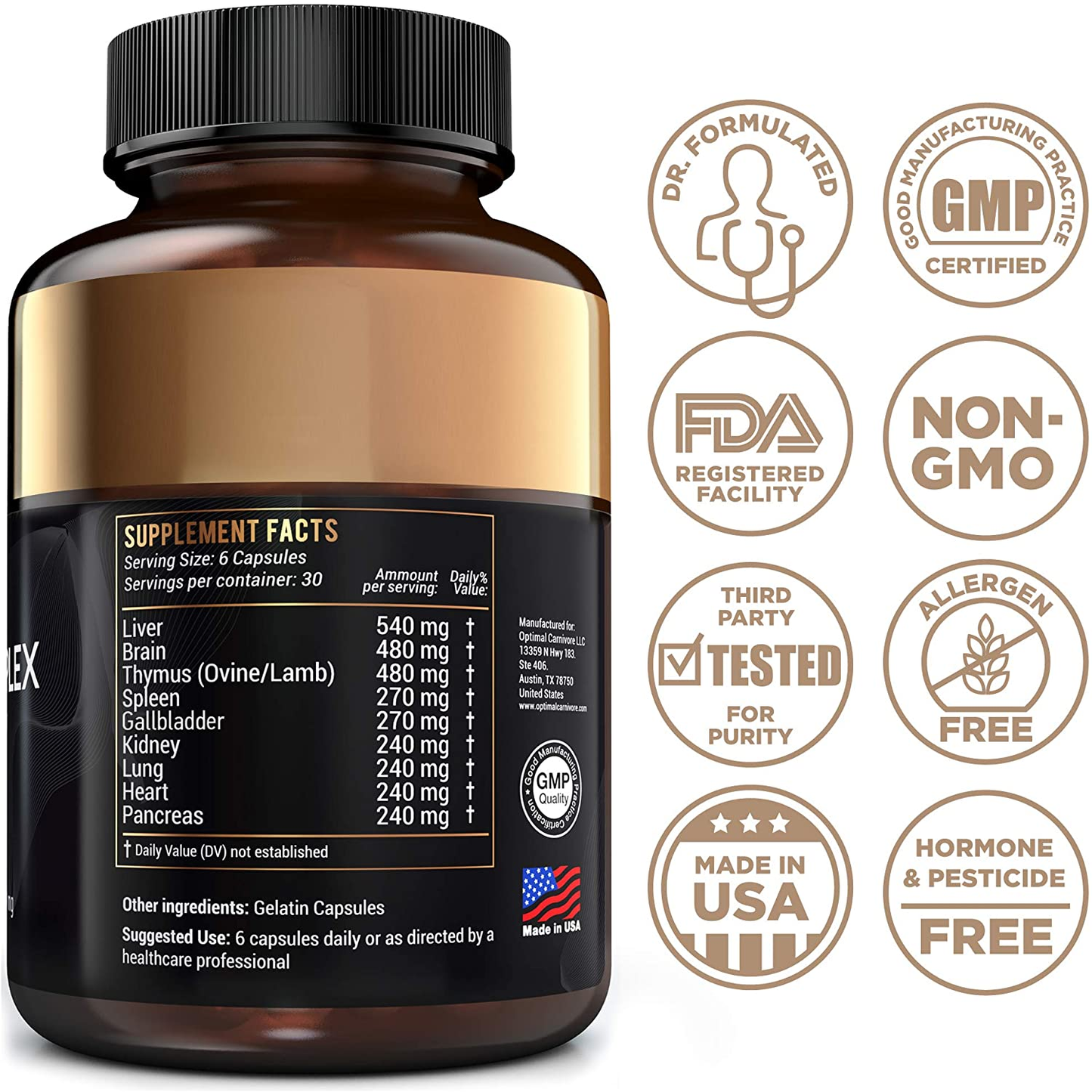 Grassfed Beef Organs Supplement, Grass Fed Organ Complex- Liver, Brain, Heart, Thymus, Kidney, Spleen, Gallbladder, Pancreas, Lung, Organ Pills, Ancestral Formula (180 Capsules) by