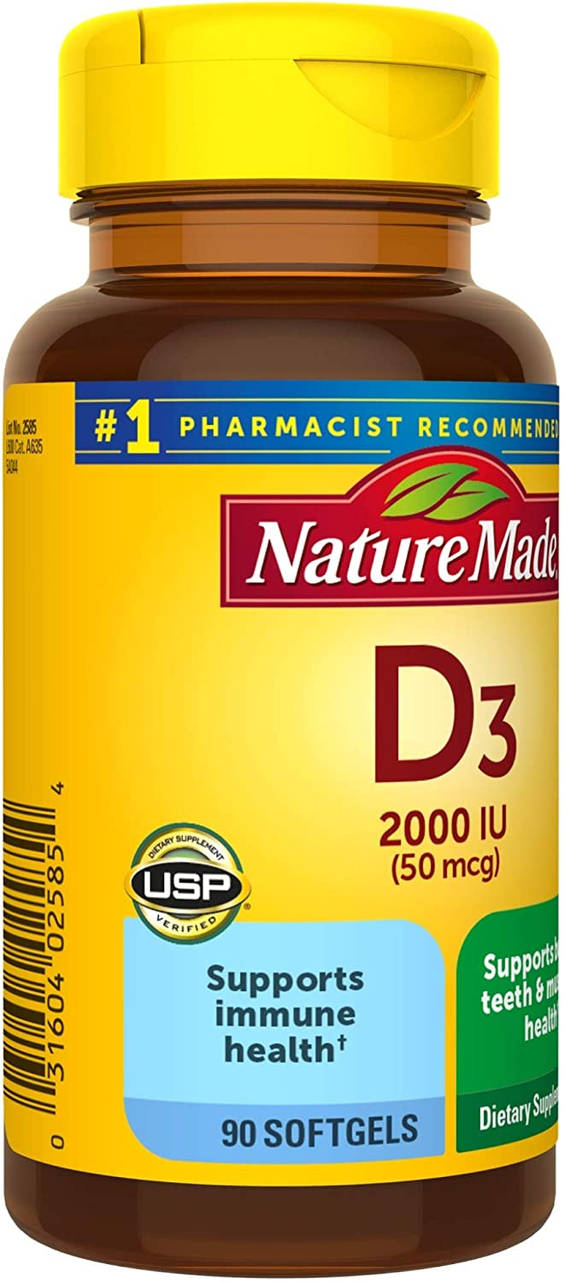 Vitamin D3, 90 Softgels, Vitamin D 2000 IU (50 Mcg) Helps Support Immune Health, Strong Bones and Teeth, & Muscle Function, 250% of the Daily Value for Vitamin D in One Daily Softgel