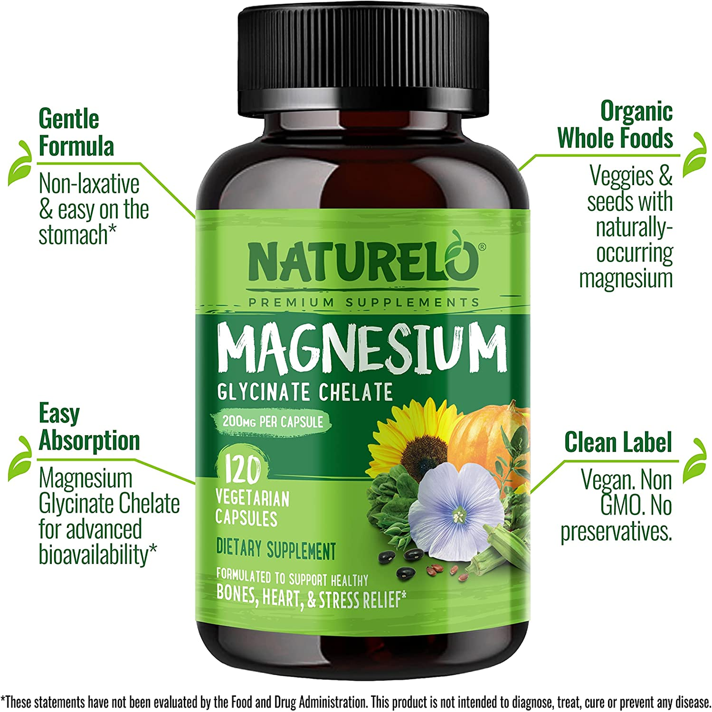 Magnesium Glycinate Supplement - 200 Mg Glycinate Chelate with Organic Vegetables to Support Sleep, Calm, Muscle Cramp & Stress Relief – Gluten Free, Non GMO - 120 Capsules