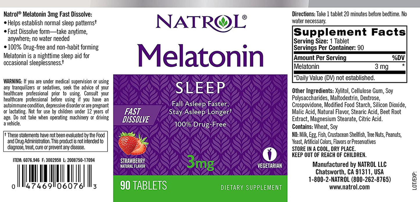 Melatonin Fast Dissolve Tablets, Helps You Fall Asleep Faster, Stay Asleep Longer, Easy to Take, Dissolves in Mouth, Strengthen Immune System, 3Mg, 90 Count