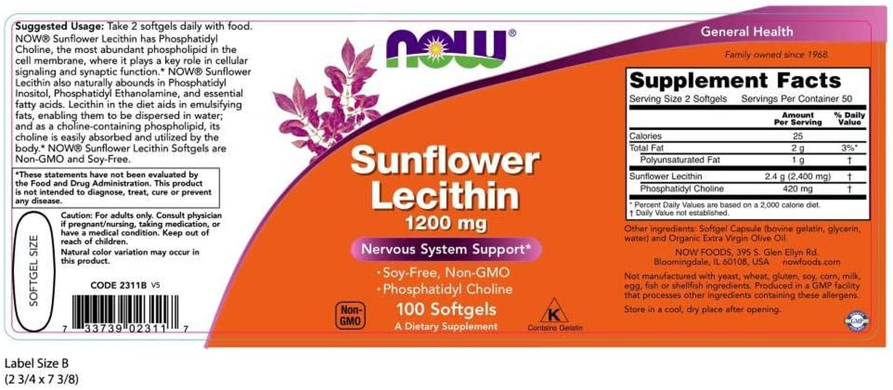 Supplements, Sunflower Lecithin 1200 Mg with Phosphatidyl Choline, 100 Softgels