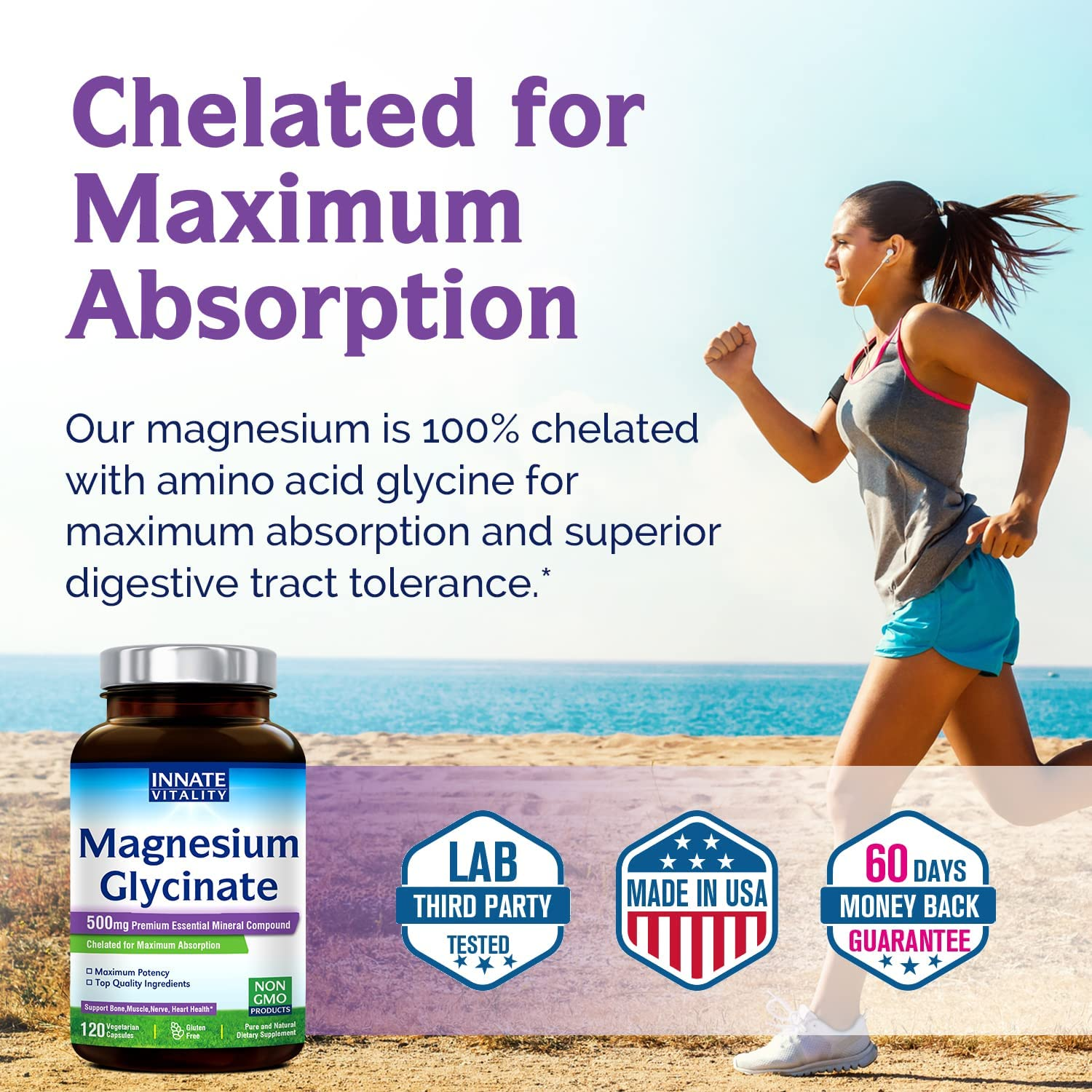 Magnesium Glycinate 500Mg per Caps, 120 Veggie Caps, Chelated for Maximum Absorption, Non-Gmo, NO Gluten Dairy & Soy, Supports Muscle, Joint, and Heart Health