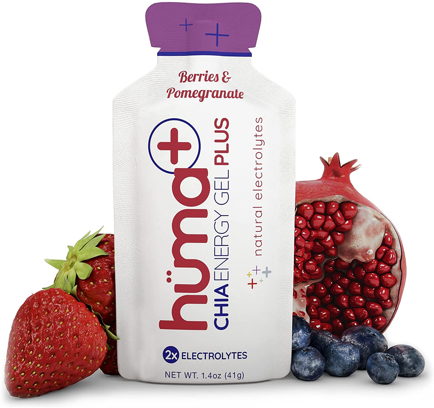 Huma plus (Double Electrolytes) - Chia Energy Gel, Berries & Pomegranate, 12 Gels - Stomach Friendly, Real Food Energy Gels