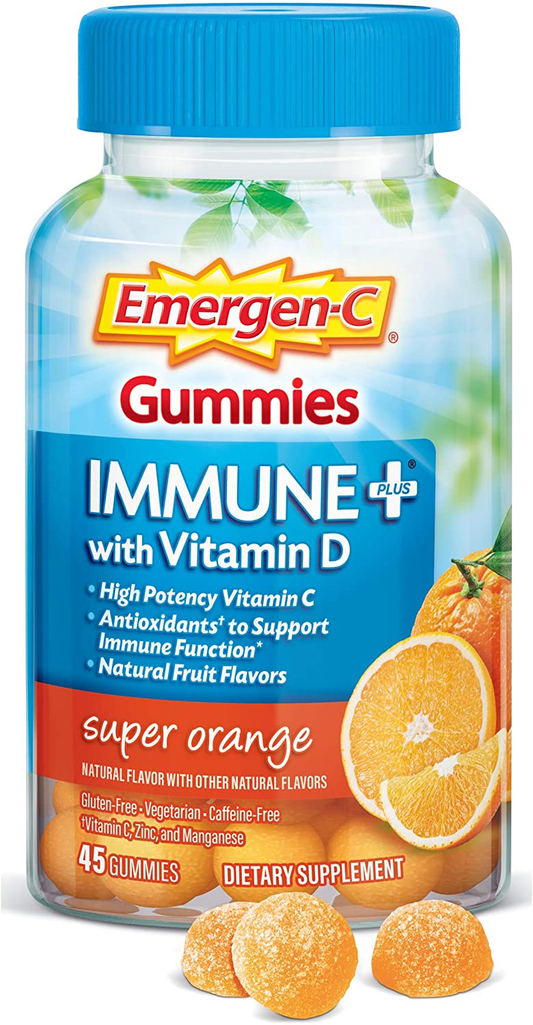 Immune+ Immune Gummies, Vitamin D plus 750 Mg Vitamin C, Immune Support Dietary Supplement, Caffeine Free, Gluten Free, Super Orange Flavor - 45 Count