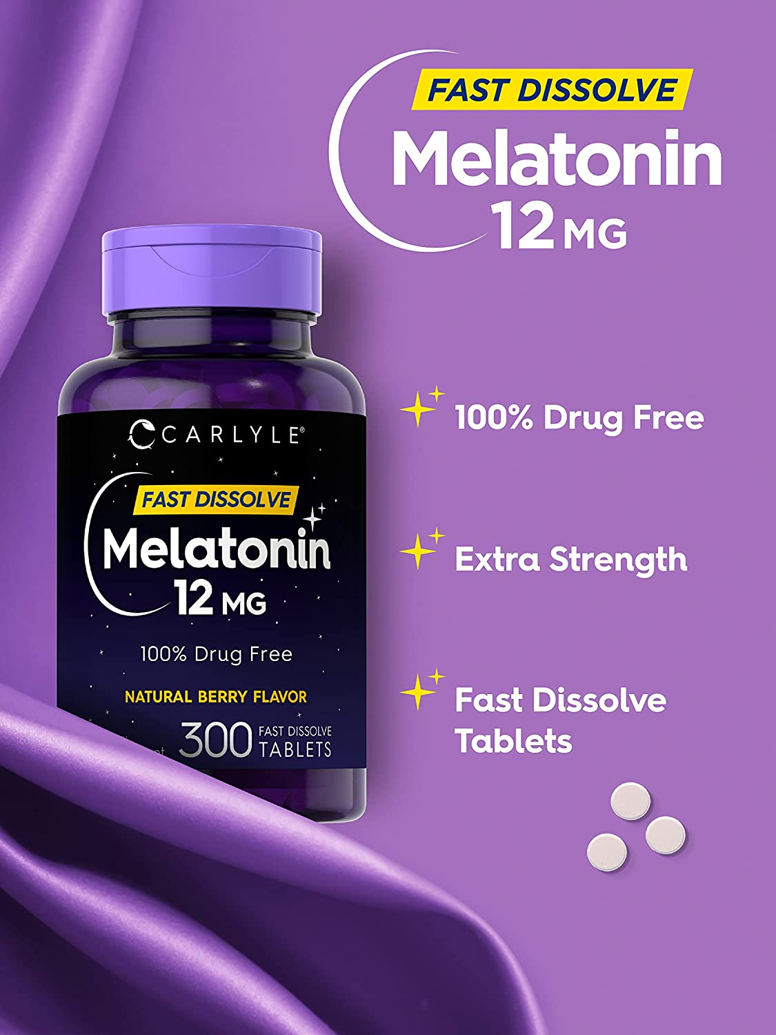 Melatonin 12 Mg Fast Dissolve 300 Tablets | Drug Free | Natural Berry Flavor | Vegetarian, Non-Gmo, Gluten Free