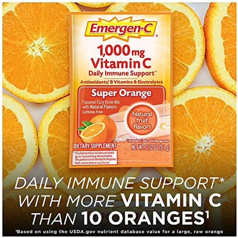 Emergen-C 1000Mg Vitamin C Powder for Daily Immune Support Caffeine Free Vitamin C Supplements with Zinc and Manganese, B Vitamins and Electrolytes, Super Orange Flavor - 30 Count