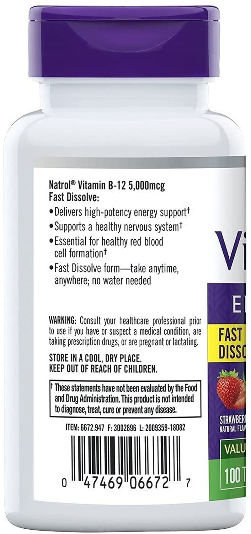 Vitamin B12 Fast Dissolve Tablets, Promotes Energy, Supports a Healthy Nervous System, Maximum Strength, Strawberry Flavor, 5,000Mcg, 100 Count