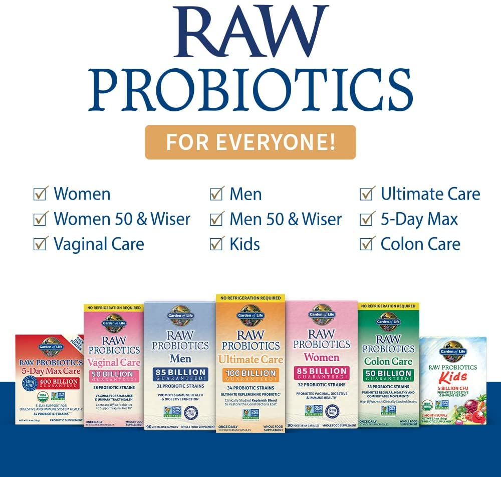 Probiotics for Women and Men -  Raw Probiotics Ultimate Care 100 Billion CFU Probiotic Supplement, Daily Probiotic for Adults with Digestive Enzymes, 30 Capsules