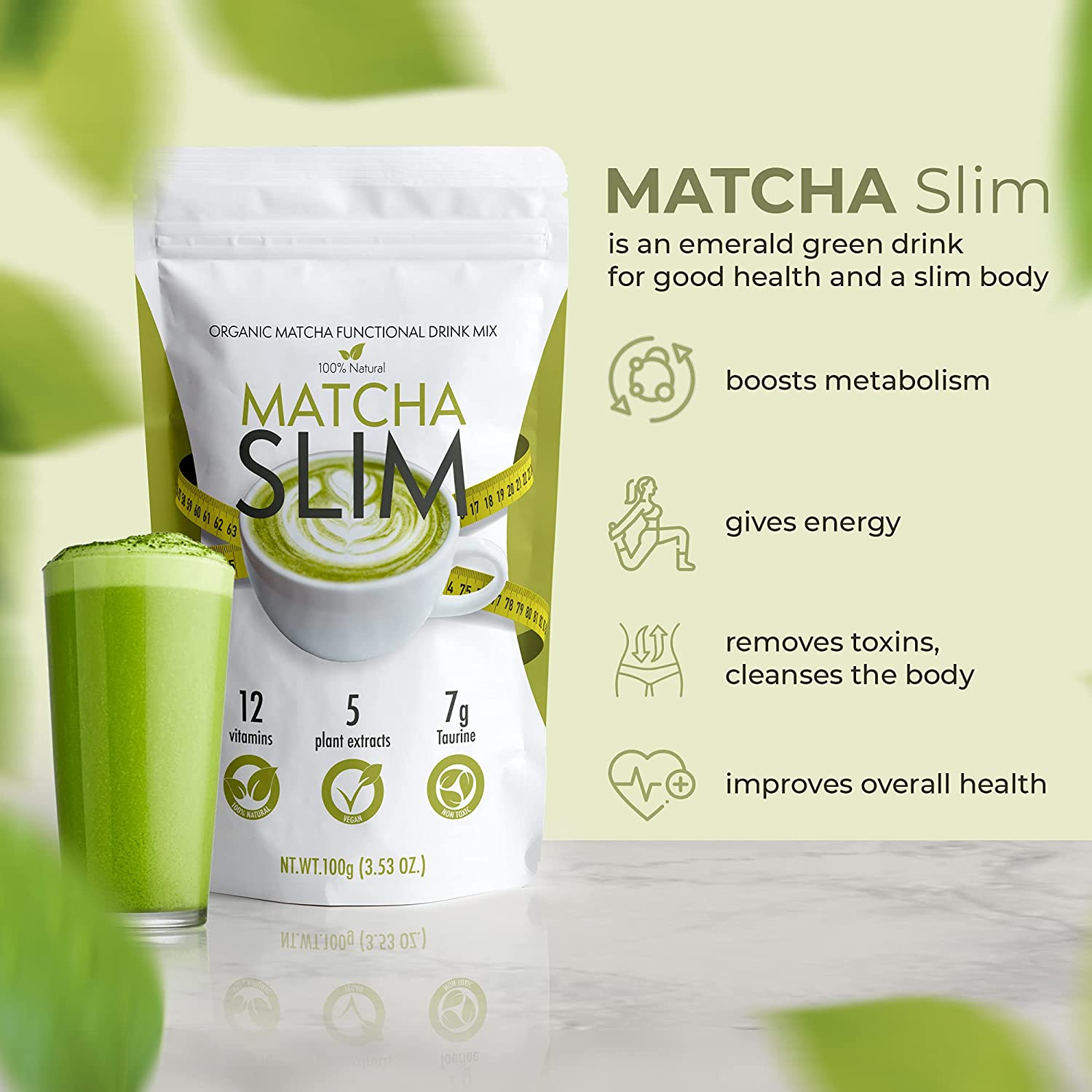 Matcha Slim - Energy Drink Mix Powder Supplement with Taurine & Spirulina 3.53Oz – Natural, Sugar Free, Vitamin Rich Green Tea Diet for Women, Men