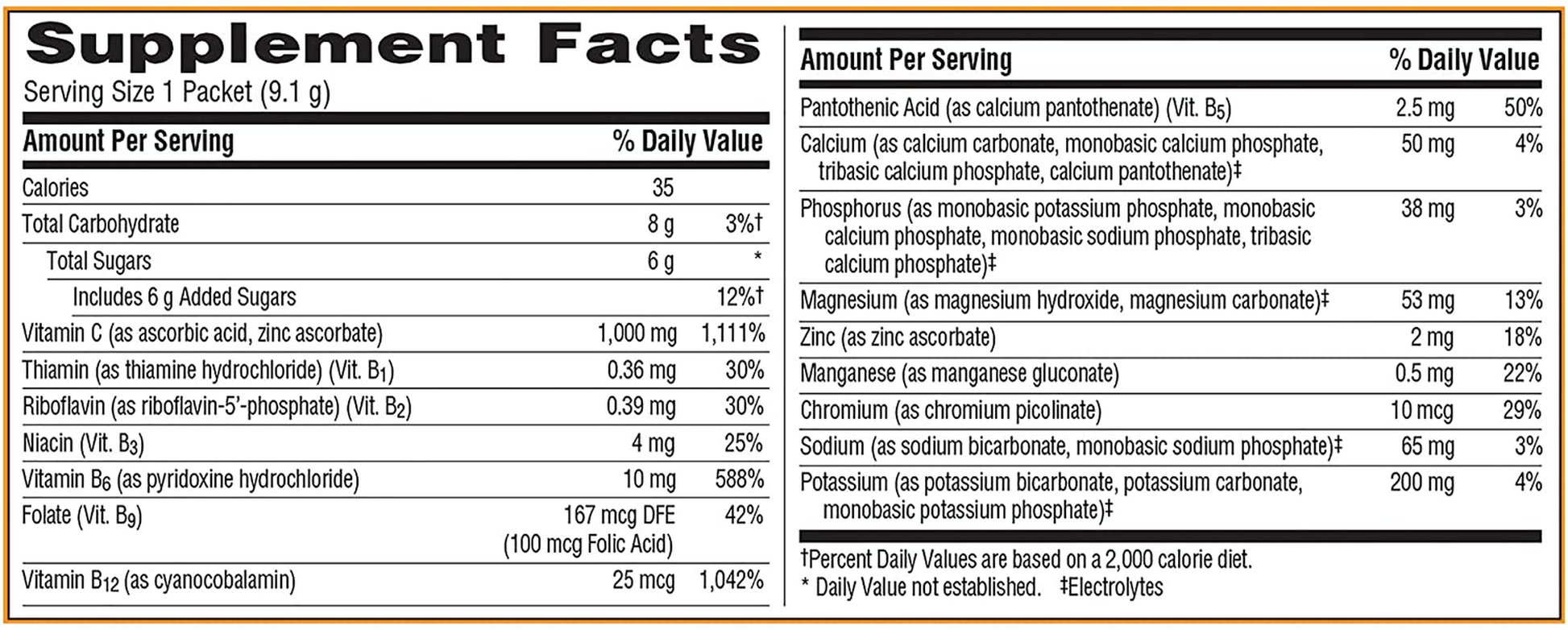 Emergen-C 1000Mg Vitamin C Powder for Daily Immune Support Caffeine Free Vitamin C Supplements with Zinc and Manganese, B Vitamins and Electrolytes, Super Orange Flavor - 30 Count