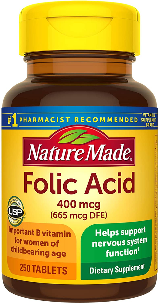 Folic Acid 400 Mcg (665 Mcg DFE), Dietary Supplement for Nervous System Function, 250 Tablets, 250 Day Supply