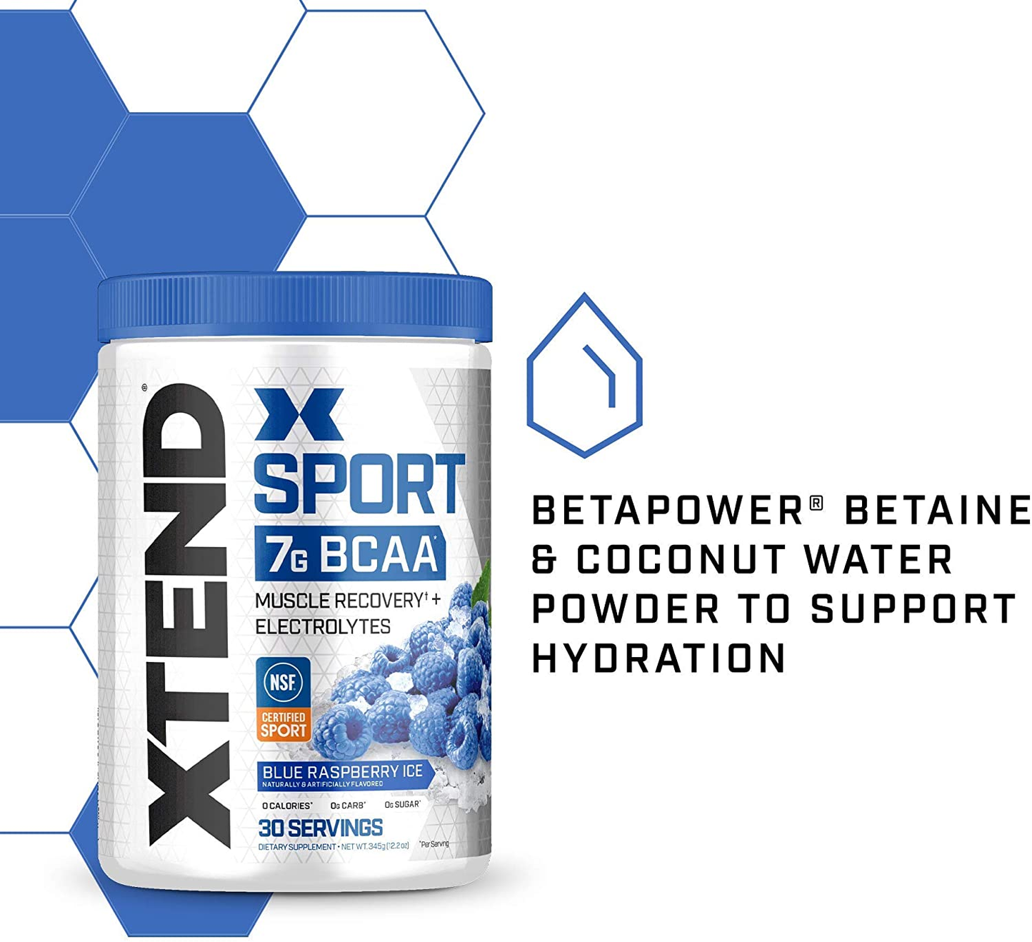 XTEND Sport BCAA Powder Blue Raspberry Ice - Electrolyte Powder for Recovery & Hydration with Amino Acids - 30 Servings