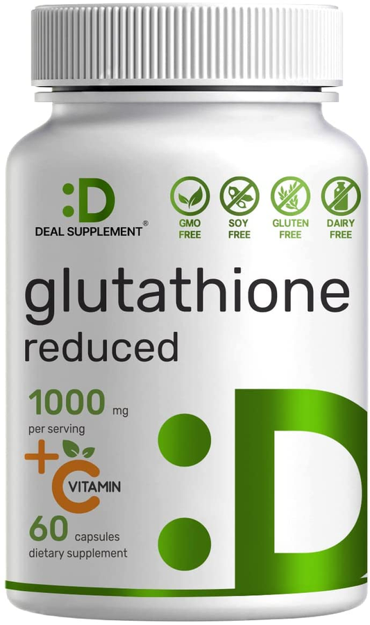 Glutathione Supplement 1000Mg per Serving, 98% Purity | plus Vitamin C 500Mg, Active Reduced Form (GSH) | 60 Capsules - Intracellular Antioxidant, Detoxification* Support, Immune & Skin Whitening