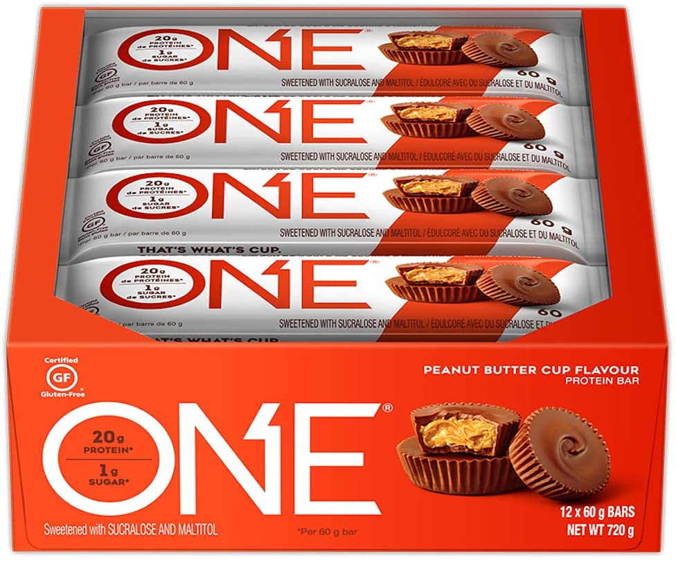 ONE Protein Bars, Peanut Butter Cup, Gluten-Free Protein Bar with 20G Protein and Only 1G Sugar, Snacking for High Protein Diets, 2.12 Ounce (12 Pack)