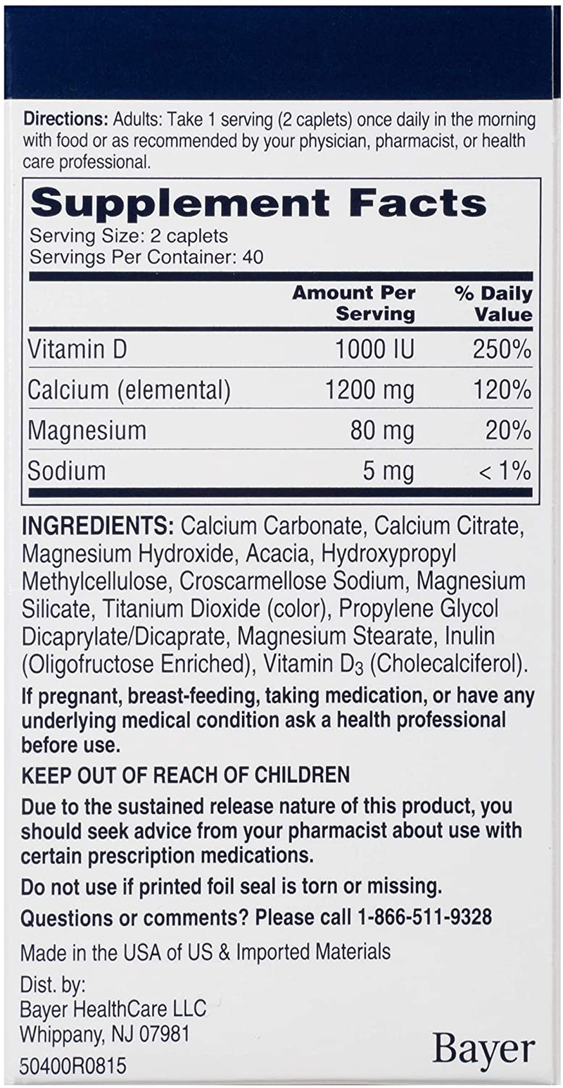 Slow Release 1200, 1200 Mg Calcium Citrate and Calcium Carbonate Blend with 1000 IU Vitamin D3, Bone Health Supplement for Adults, Once Daily Caplets, 80 Count