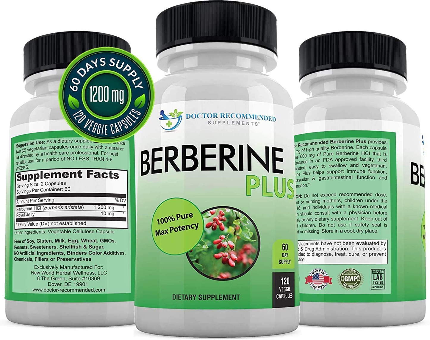 Berberine plus 1200Mg per Serving - 120 Veggie Capsules Royal Jelly, Supports Healthy Immune System, Improves Cardiovascular Heart & Gastrointestinal Wellness