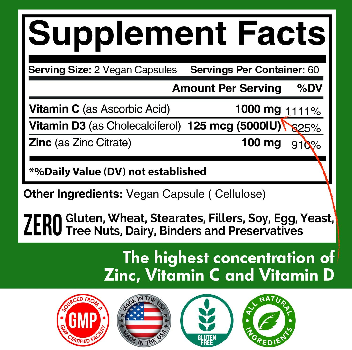 Zinc 100Mg, Vitamin C 1000Mg, Vitamin D 5000IU per Serving, Immune Support for Adults Kids, Immune System Booster Supplements, Non GMO, No Filler, No Stearate, 120 Vegan Capsules, 60 Day Supply