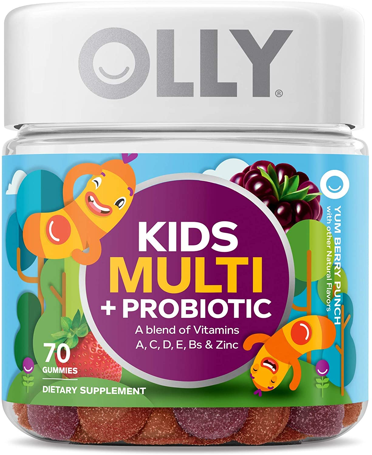 Kids Multivitamin + Probiotic Gummy, Digestive and Immune Support, Vitamins A, D, C, E, B, Zinc, Chewable Supplement, Berry, 35 Day Supply - 70 Count