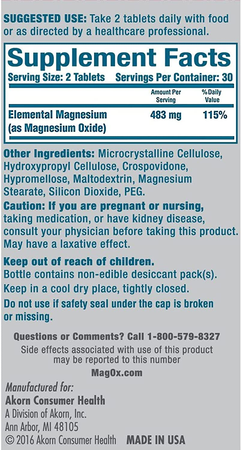 Magnesium Mineral Dietary Supplement Tablets, 483 Mg Magnesium Oxide, 60 Count