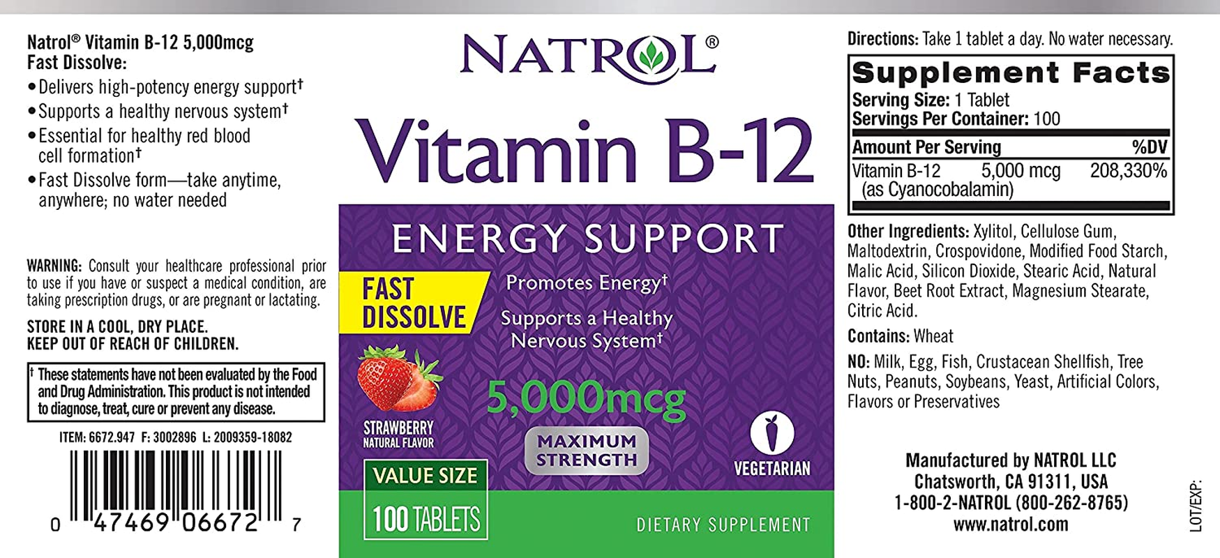 Vitamin B12 Fast Dissolve Tablets, Promotes Energy, Supports a Healthy Nervous System, Maximum Strength, Strawberry Flavor, 5,000Mcg, 100 Count