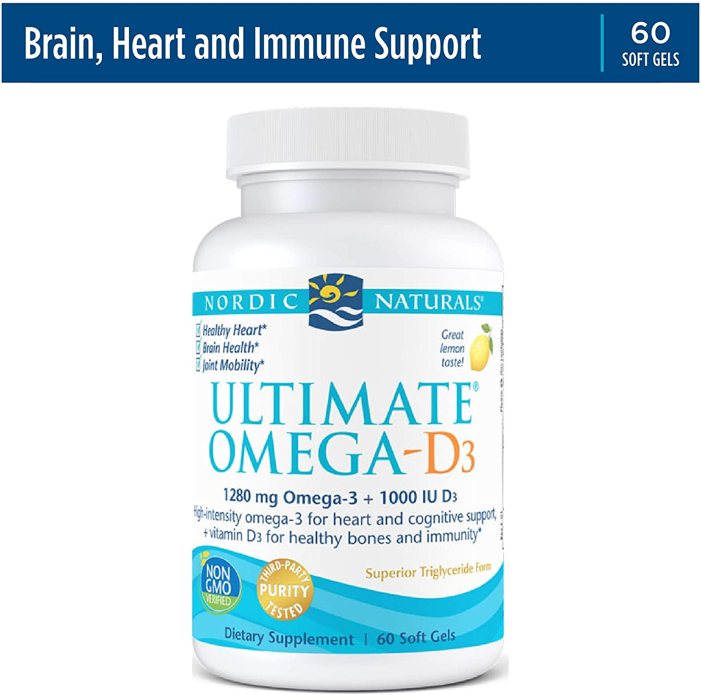 Ultimate Omega-D3, Lemon Flavor - 1280 Mg Omega-3 + 1000 IU Vitamin D3-60 Soft Gels - Omega-3 Fish Oil - EPA & DHA - Promotes Brain, Heart, Joint, & Immune Health - 30 Servings