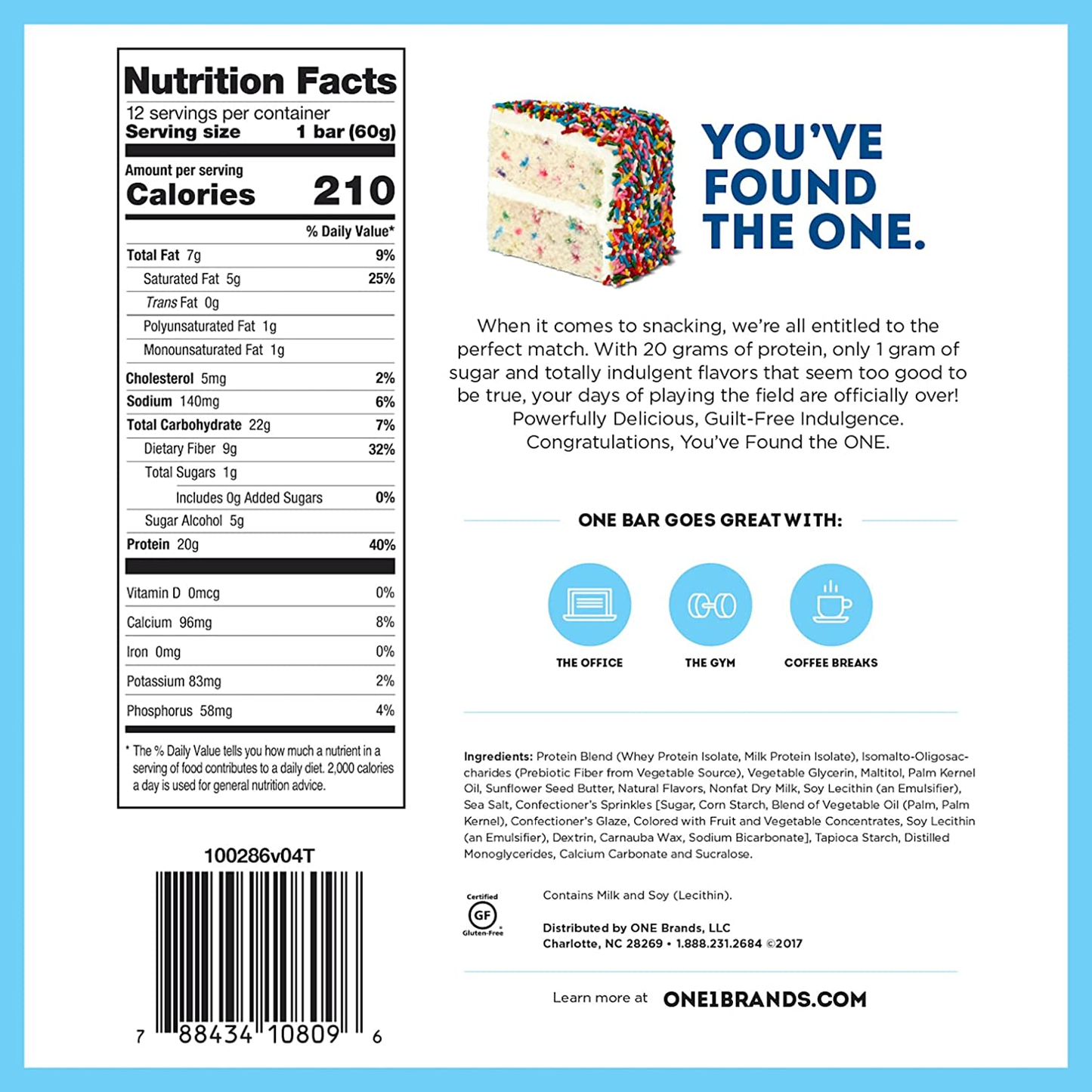 ONE Protein Bars, Birthday Cake, Gluten Free Protein Bars with 20G Protein and Only 1G Sugar, Guilt-Free Snacking for High Protein Diets, 2.12 Oz (12 Pack)