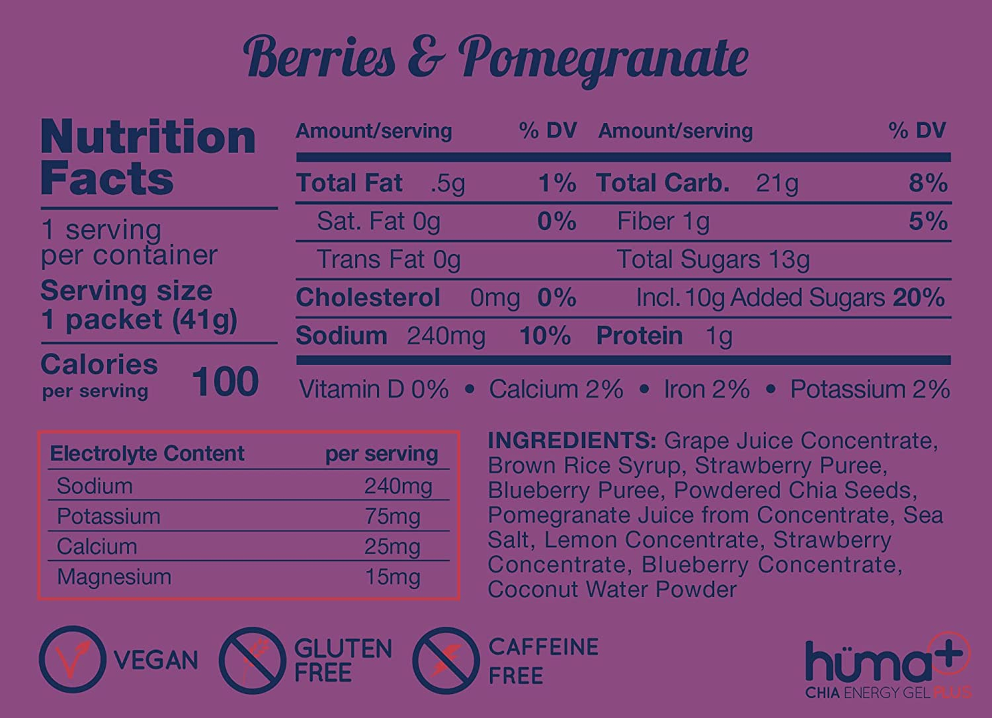 Huma plus (Double Electrolytes) - Chia Energy Gel, Berries & Pomegranate, 12 Gels - Stomach Friendly, Real Food Energy Gels