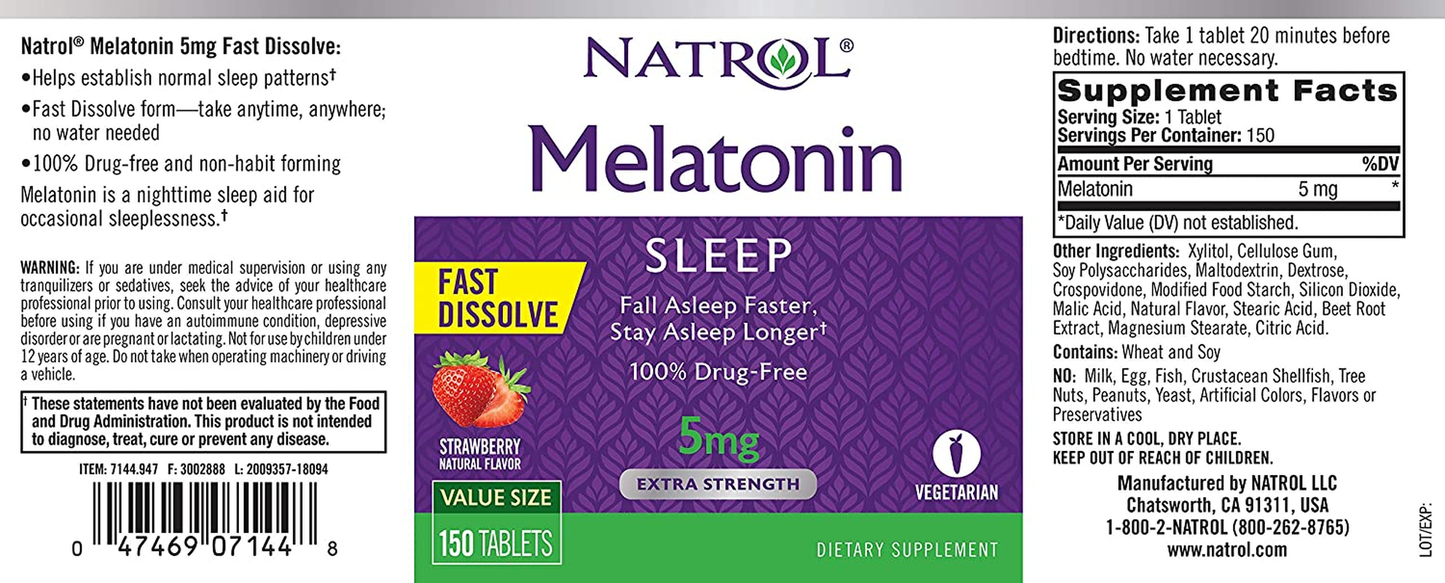 Melatonin Fast Dissolve Tablets, Helps You Fall Asleep Faster, Stay Asleep Longer, Easy to Take, Dissolves in Mouth, Strengthen Immune System, Strawberry Flavor, 5Mg, 150 Count