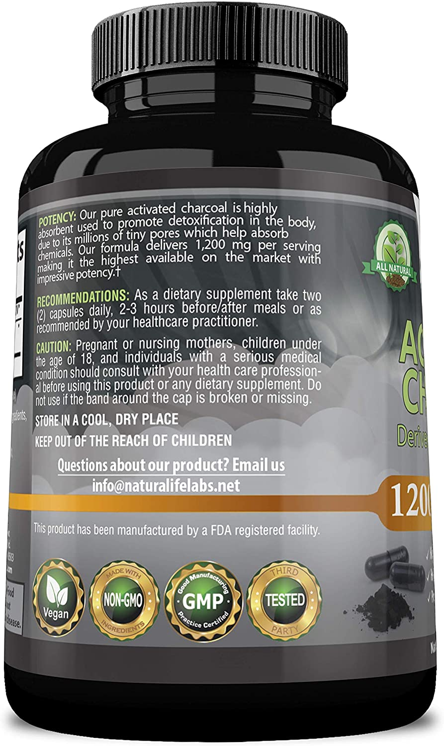 Activated Charcoal Capsules - 1,200 Mg Highly Absorbent Helps Alleviate Gas & Bloating Promotes Natural Detoxification Derived from Coconut Shells - per Serving - 100 Vegan Capsules