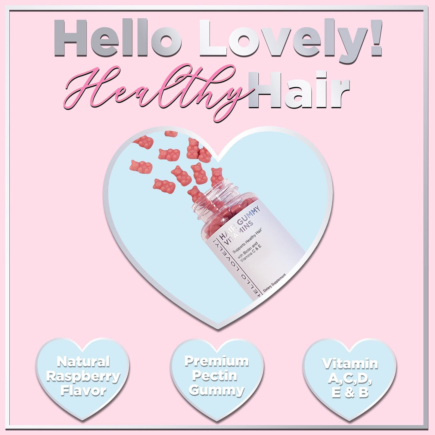 Hello Lovely Hair Vitamins Gummies with Biotin 5000 Mcg Vitamin E & C Support Hair Growth, Premium Vegetarian, Non-Gmo, for Stronger, Beautiful Hair & Nails, Red Berry Supplement - 60 Gummy Bears