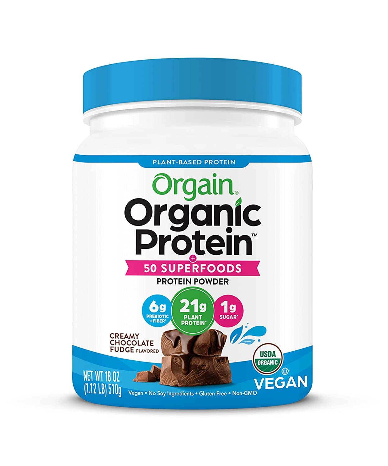 Organic Protein + Superfoods Powder, Creamy Chocolate Fudge - 21G of Protein, Vegan, Plant Based, 6G of Fiber, No Dairy, Gluten, Soy or Added Sugar, Non-Gmo, 1.12 Lb