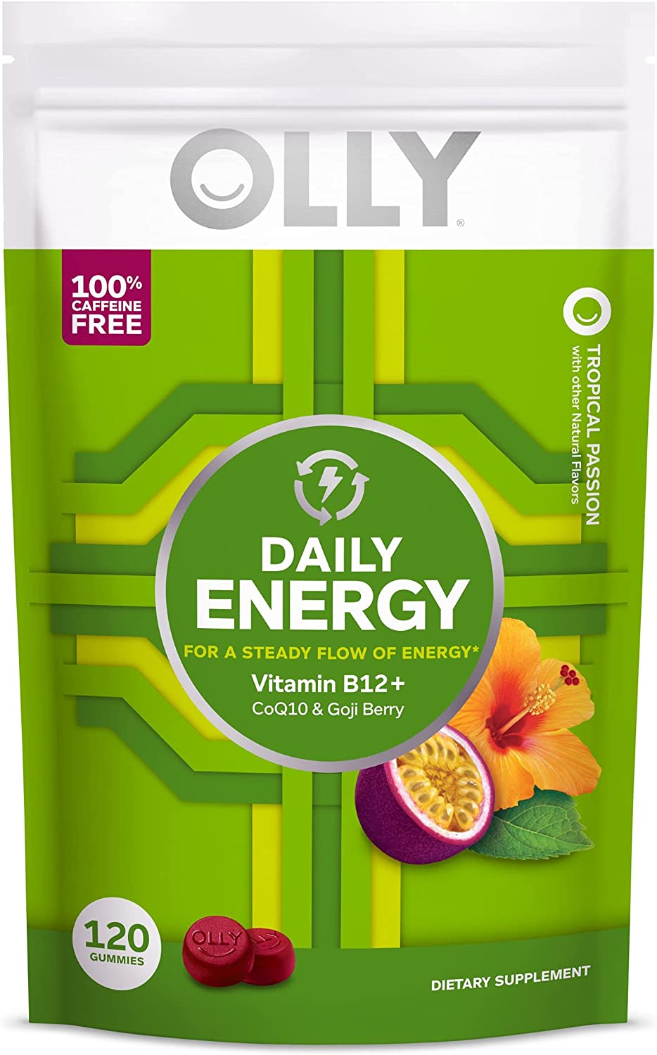 Daily Energy Gummy, Caffeine Free, Vitamin B12, Coq10, Goji Berry, Adult Chewable Supplement, Tropical Flavor - 120 Count Pouch