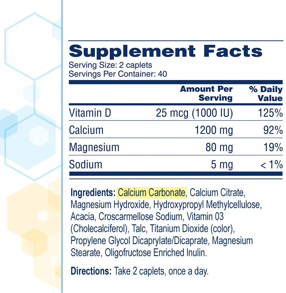 Slow Release 1200, 1200 Mg Calcium Citrate and Calcium Carbonate Blend with 1000 IU Vitamin D3, Bone Health Supplement for Adults, Once Daily Caplets, 185 Count