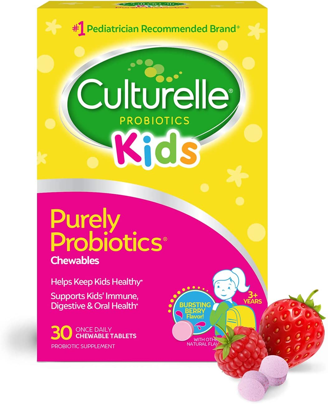 Kids Chewable Daily Probiotic for Kids - Natural Berry - Supports Immune, Digestive, and Oral Health - for Age 3+ - Gluten, Dairy, Soy-Free - 30 Count