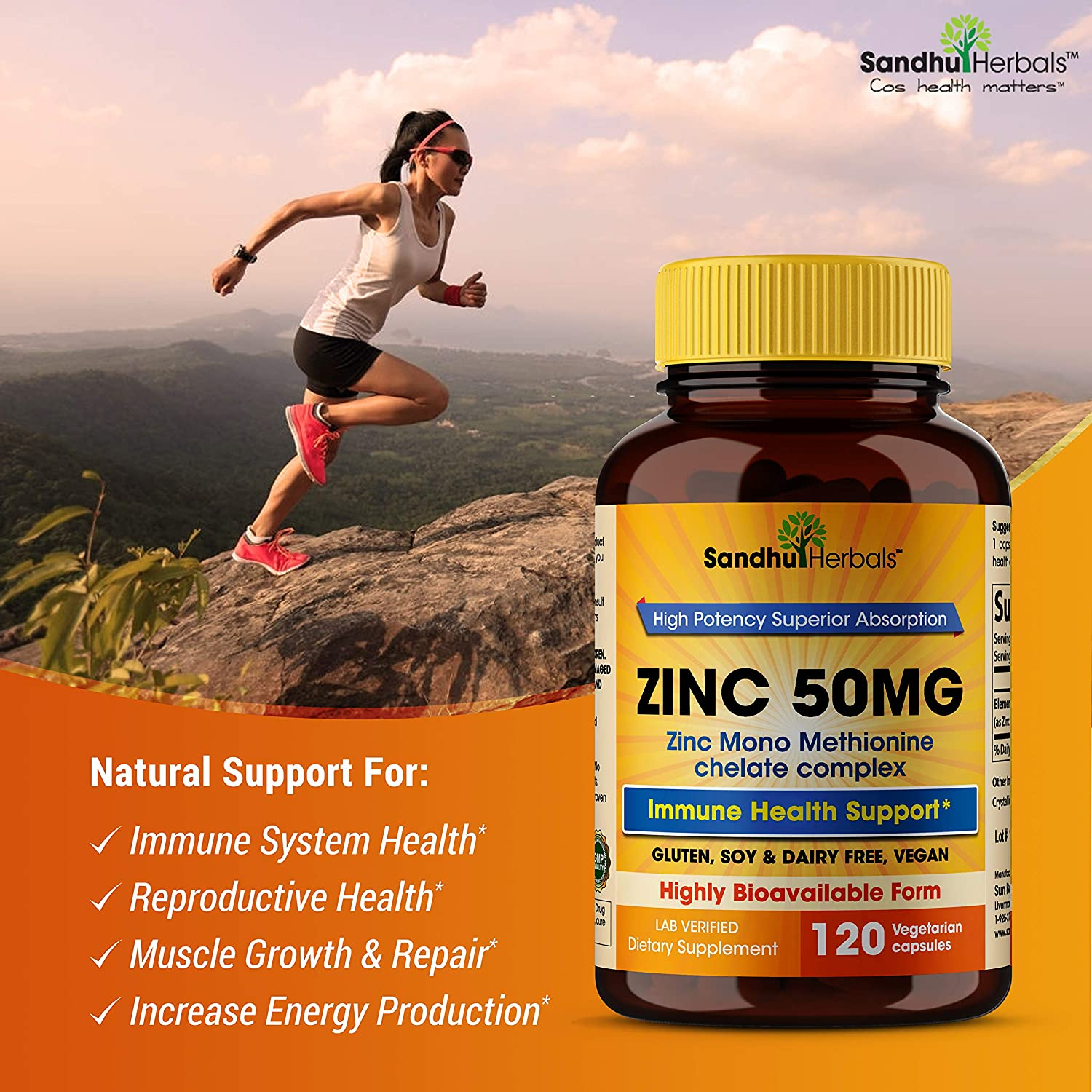 Zinc 50Mg Supplement 120 Vegetarian Capsules, Zinc Highly Absorbable Supplements for Immune Support System, Gluten Free Zinc Supplement