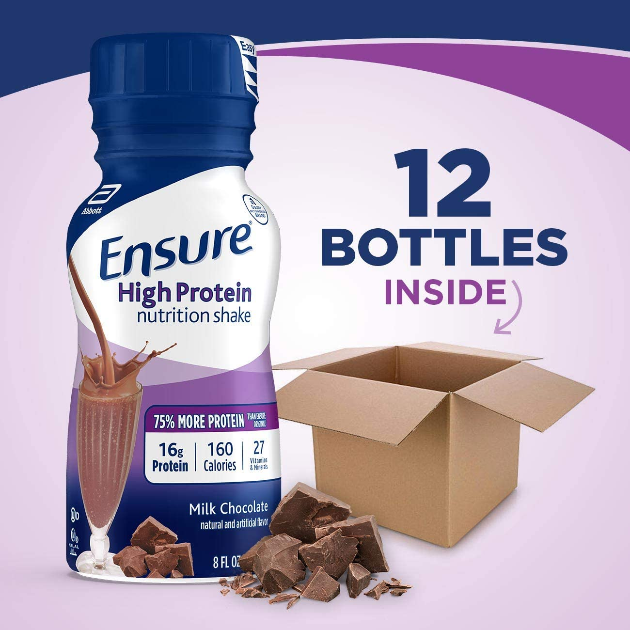 Ensure High Protein Nutritional Shake with 16G of Protein, Ready-To-Drink Meal Replacement Shakes, Low Fat, Milk Chocolate, 8 Fl Oz, 12 Count