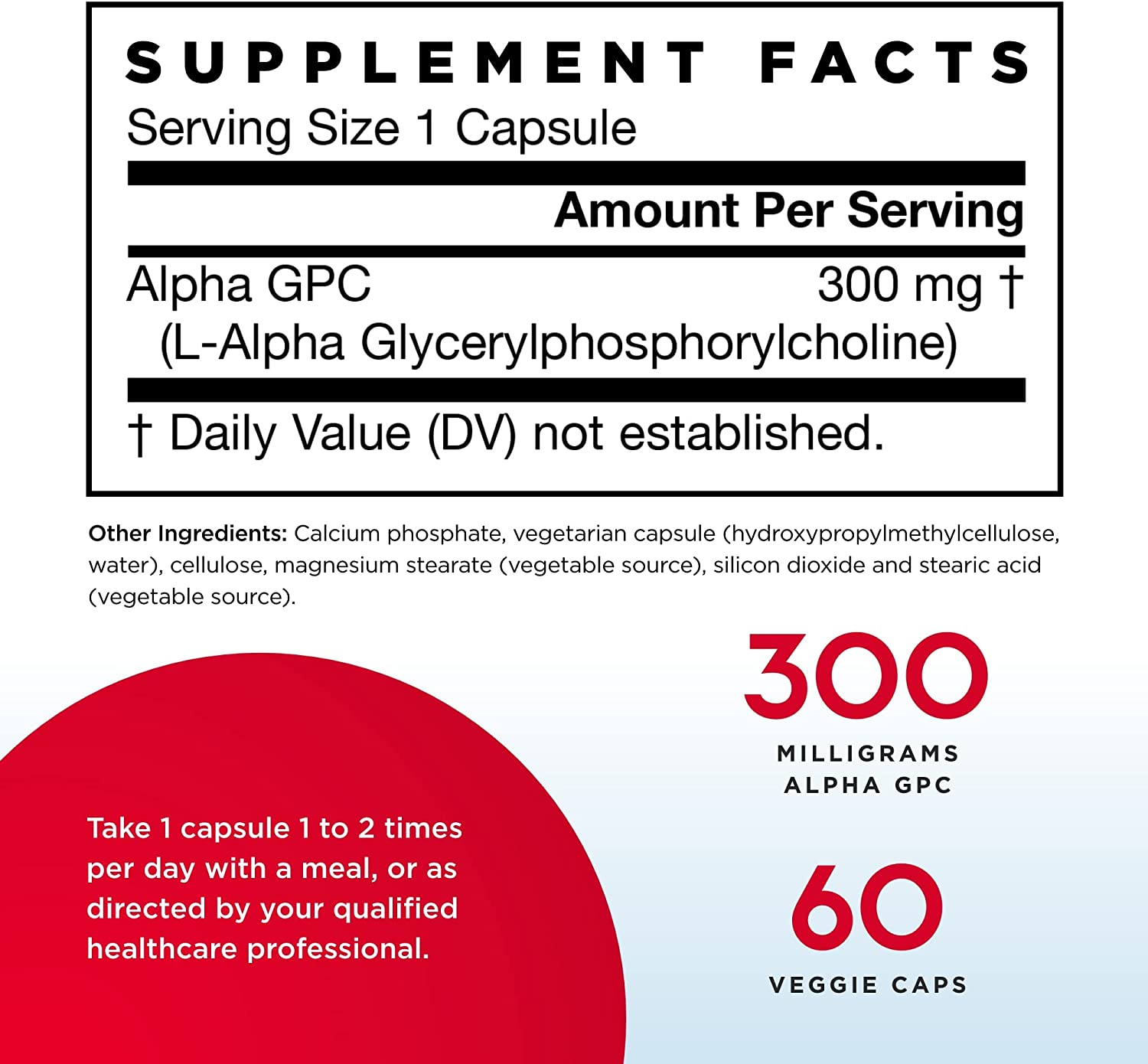 Alpha GPC 300 Mg - 60 Veggie Caps - Supports Brain Function - up to 60 Servings