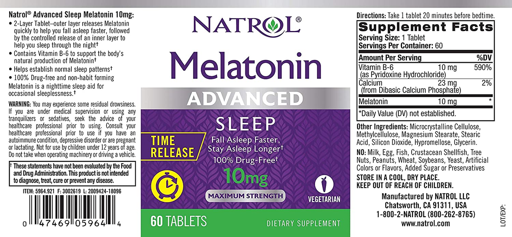 Melatonin Advanced Sleep Tablets with Vitamin B6, Helps You Fall Asleep Faster, Stay Asleep Longer, 2-Layer Controlled Release, 100% Drug-Free, 10Mg, 60 Count