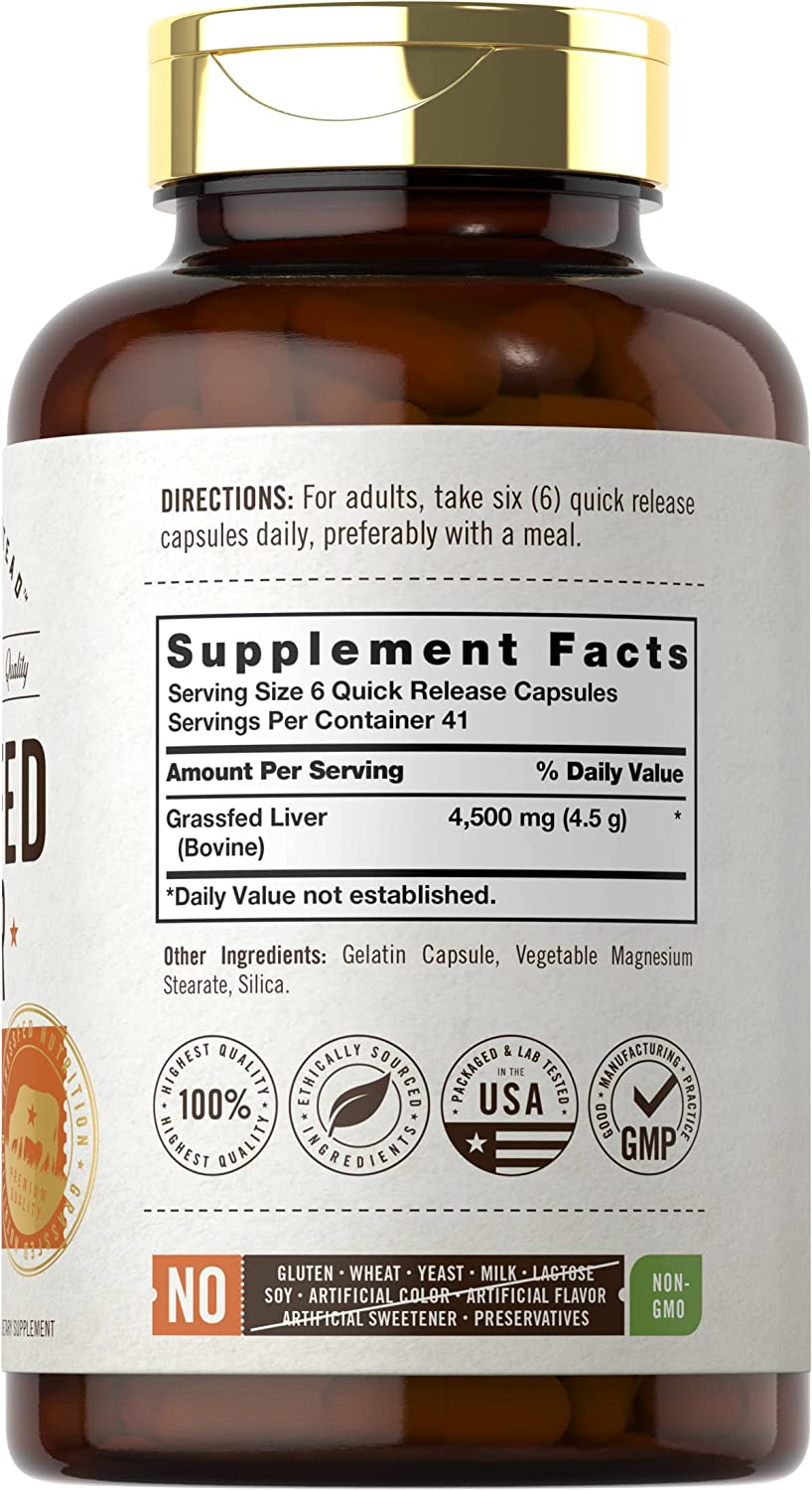 Grassfed Beef Liver Capsules 4500Mg | 250 Count | Desiccated Supplement | Non-Gmo, Gluten Free | by Herbage Farmstead